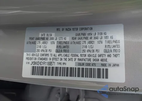 2024 Mazda Cx-90 3.3 Turbo Premium Plus из США, поврежденный, VIN JM3KKEHD1R1189571